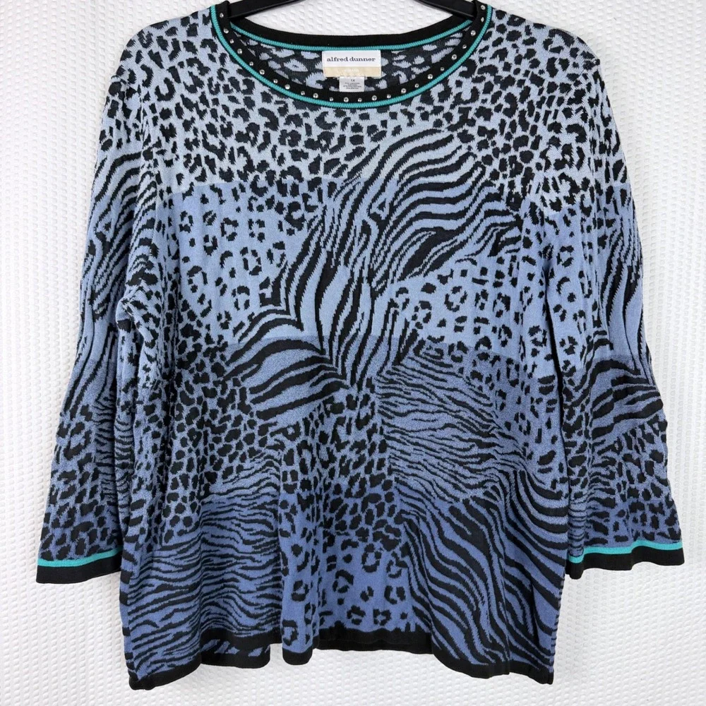 Alfred‎ Dunner Sweater Womens 1XL Blue Animal Print Embellished Stones Plus Size